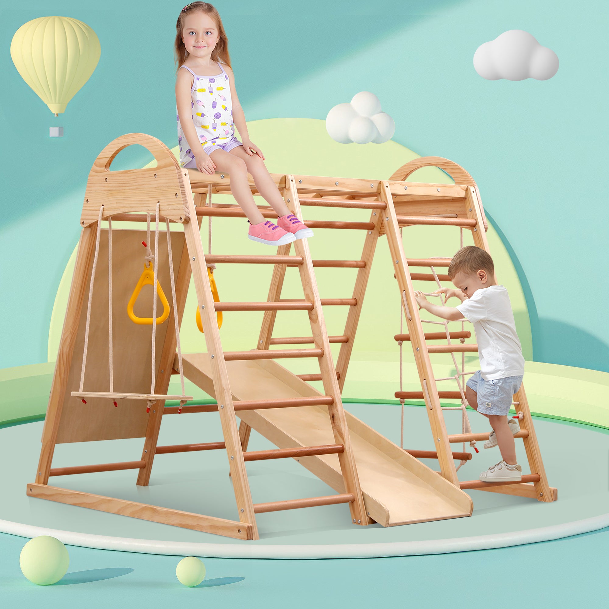 Playground 7 em 1 com balanço, escada, escorregador, rede de escalada, pedra de escalada - 134 x 120 x 120 cm - Pinho e compensado - Natural - 3