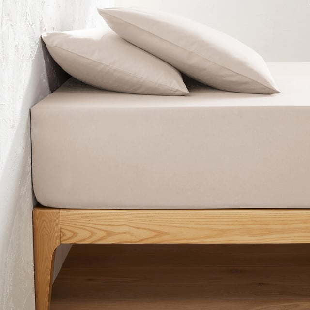 Drap housse uni coton, bonnet 32cm, Scenario - Beige galet - 180 x 200 cm