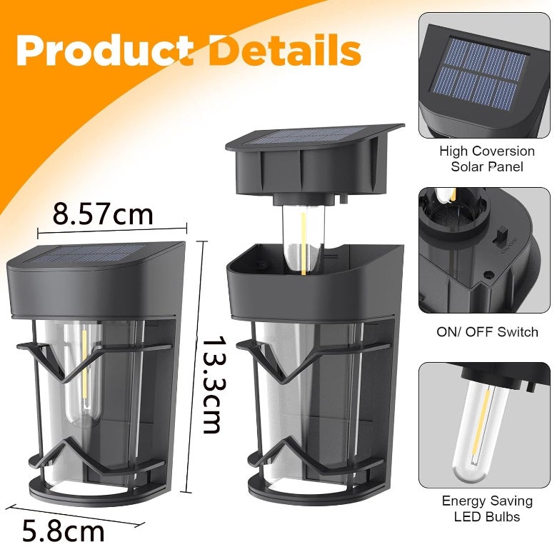 Paquet de 2 lampes solaires, lampes solaires d'extérieur avec ampoule, étanche IP44, marche/arrêt automatique, lumière chaude - 3