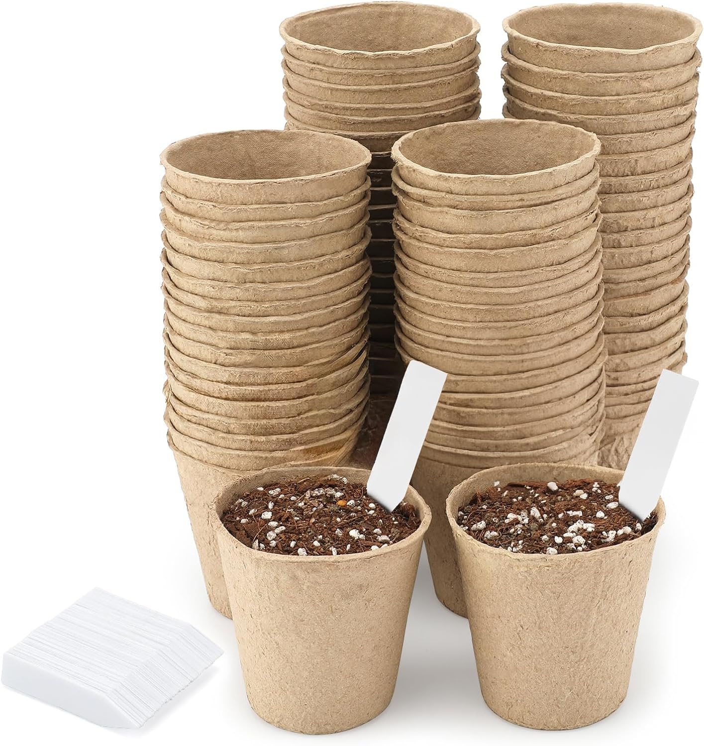 VGECEE 30PCS Pots de Culture Biodégradables Pots de Semis en Fibre Biodégradable de 11 CM avec 60 étiquettes de Plantes Godets Plantes Fibre Pot de Tourbe pour Jardin Balcon Terrasse Serre