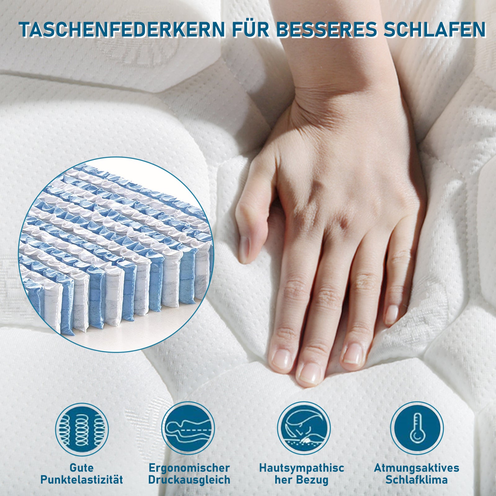 Matelas 90x200 cm, ressorts ensachés, mousse à froid 7 zones, fermeté H3, épaisseur 25 cm, matelas de lit d'adulte - 8