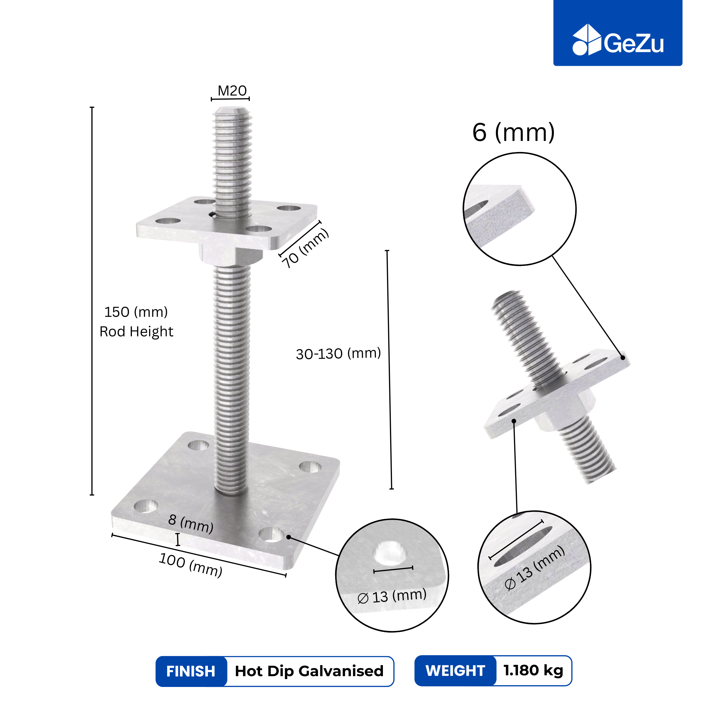 Support de poteau Galvanisé à chaud Lot de 8 70 x 70 mm hauteur reglable platine bois pied poteaux clôture Gezu Impex - 2