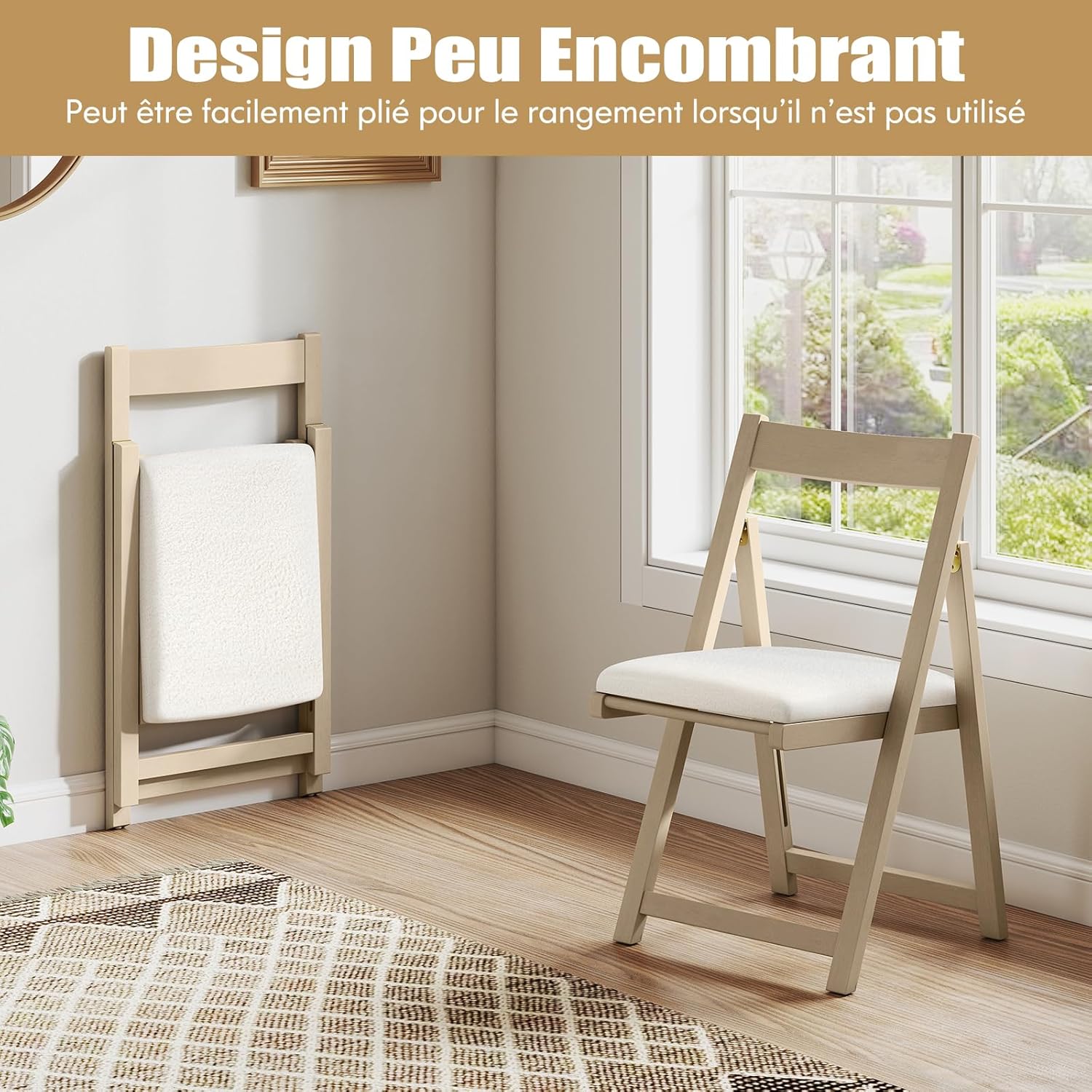Lot de 2 Chaise Pliante avec Dossier Courbé, Chaises de Salle à Manger Rembourrées, Structure en Bois de Caoutchouc, pour Salon, Charge 150 kg, Beige - 7