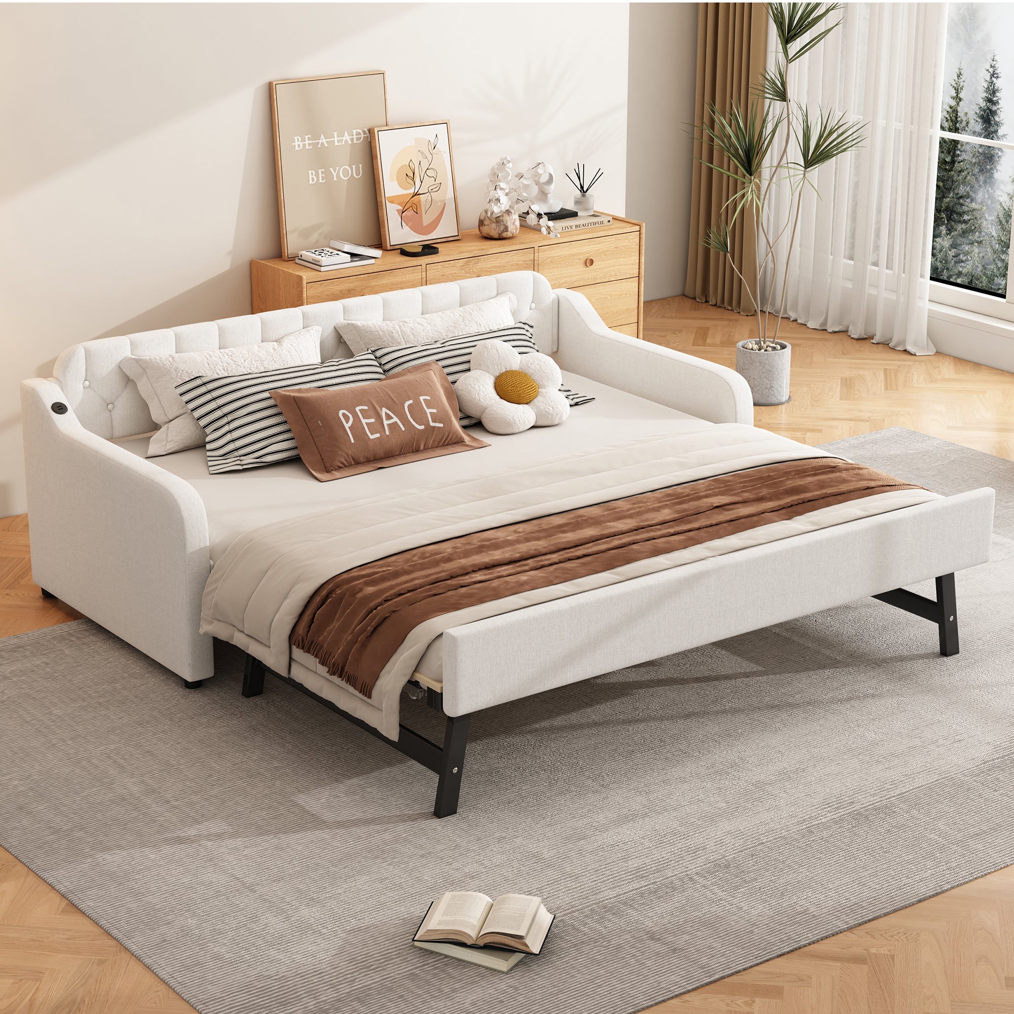Kanapa-lit-90x200 cm-z rozciągliwym poduszkowcem-Materiał lniany-USB-Elegancki design-Beżowy