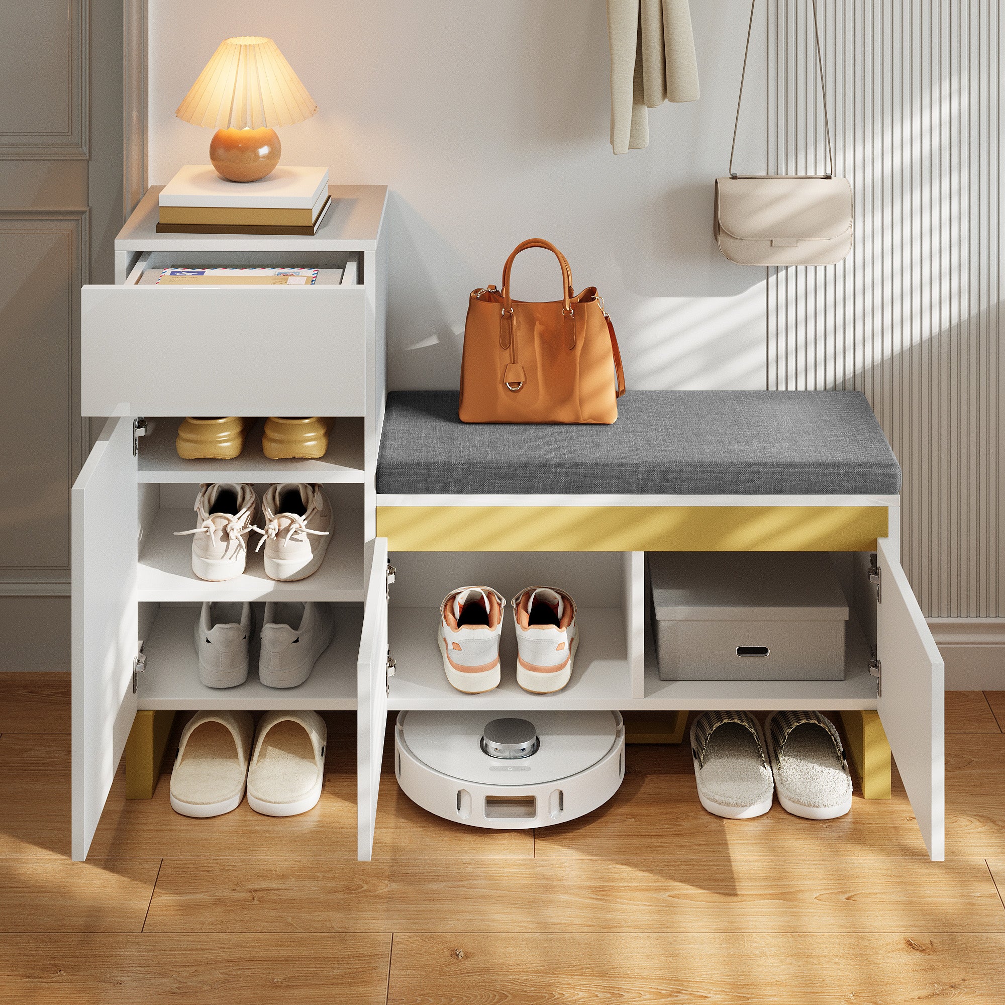 Szafka na buty z ławką, poduszką, 3 drzwiami i 1 szufladą - 120 x 35 x 85 cm - MDF - biała - 3