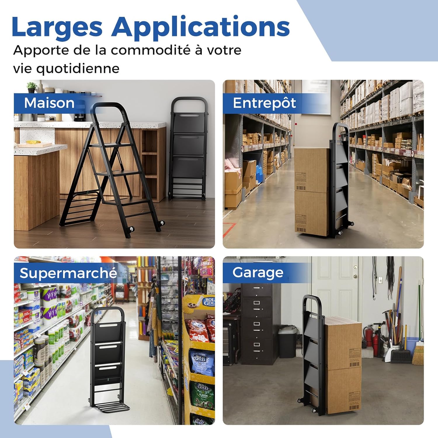 Escabeau et Diable 2 en 1 Pliant en Métal Robuste, Échelle à 3 Marche Larges Diable Convertible, Capacité Echelle 200 kg/Diable 250 kg, Noir - 8