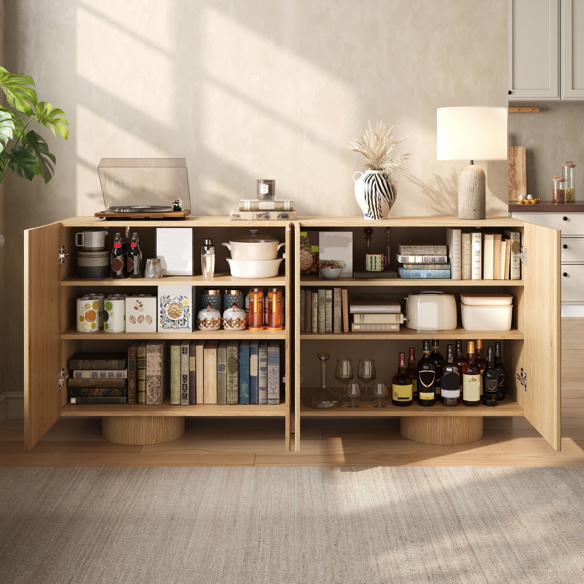 Komoda niska z 4 drzwiami i regulowanymi półkami - MDF + Bambus + Sosna - 160 × 38,5 × 76 cm - Drewno naturalne - 5
