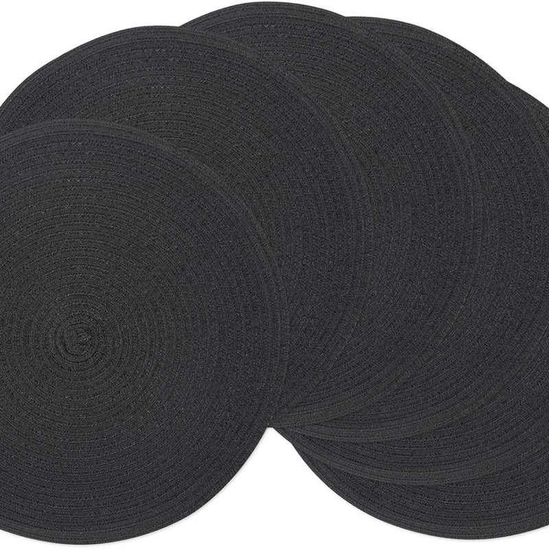 Zestaw 6 okrągłych podkładek o średnicy 36 cm, w kolorze czarnym, zmywalnych, z tkanej bawełny, odpornych na ciepło i antypoślizgowych