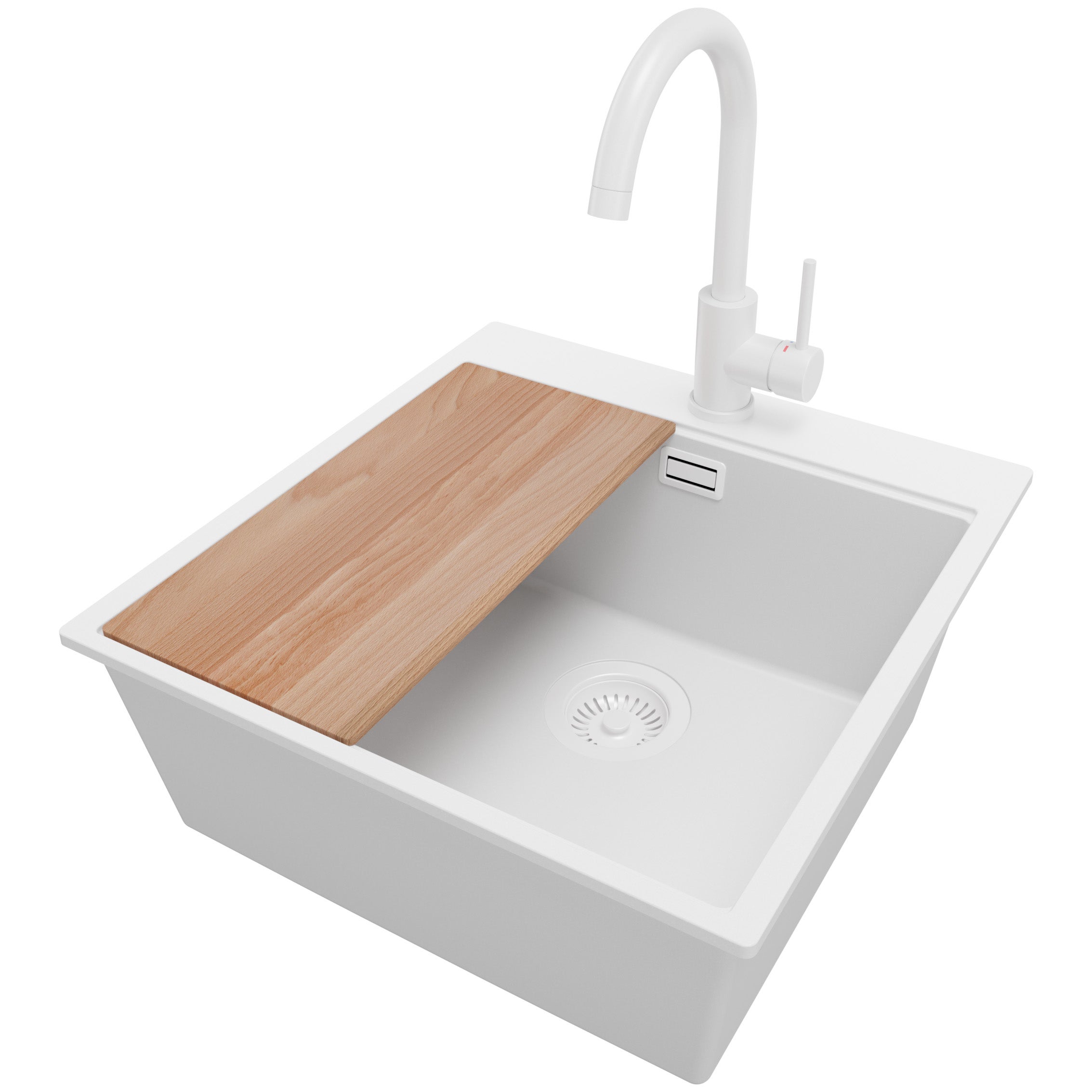 Zlewozmywak Granitowy Cały Biały 48x50cm, Zlew Kuchenny 1 Komorowy + Bateria 32x20cm + Syfon + Deska, Nablatowy do szafki od 50cm - Oslo PRIMAGRAN