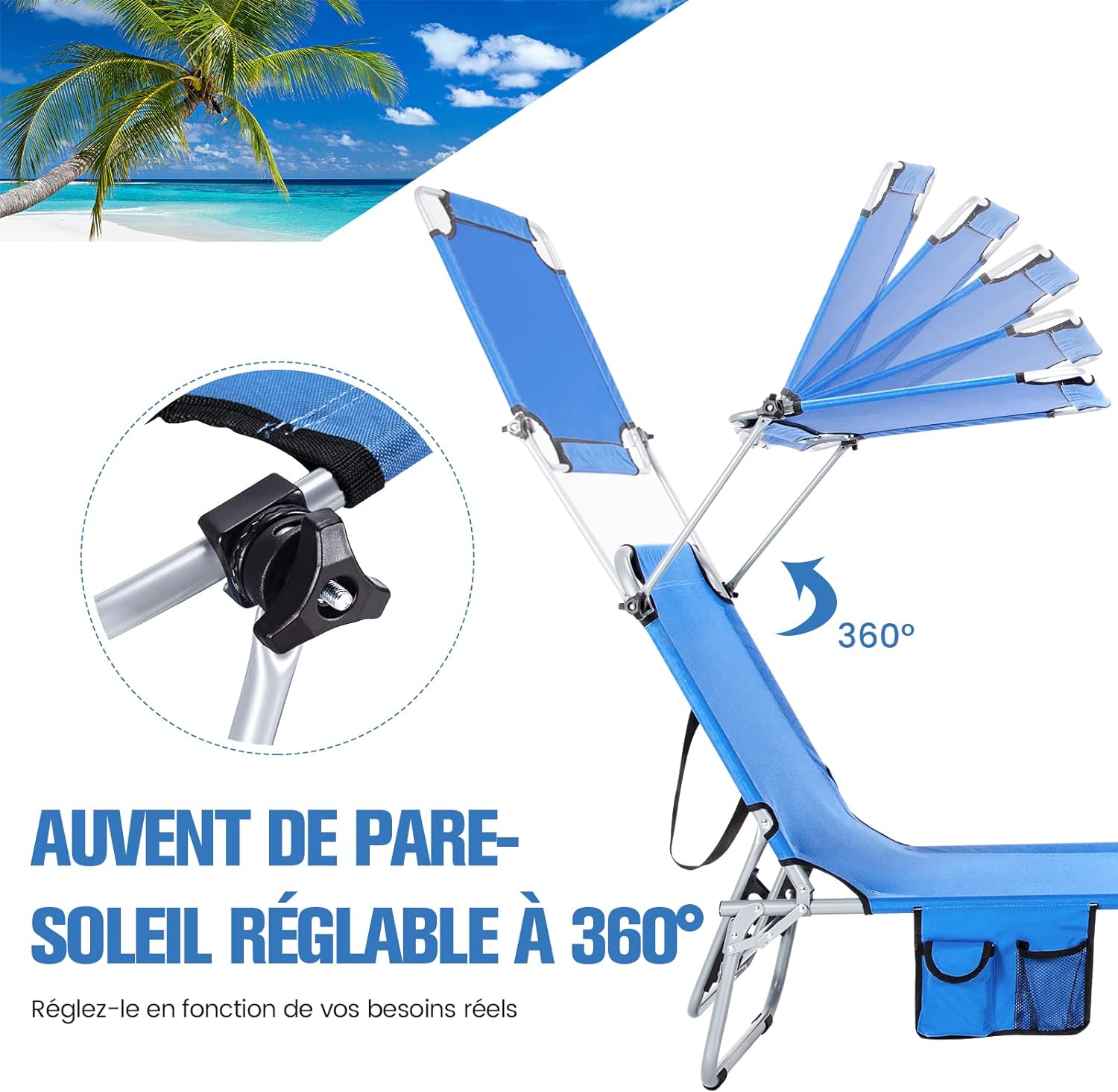 Lettino Prendisole con Parasole, Sedia a Sdraio Pieghevole da Giardino con Schienale Reclinabile, per Spiaggia Patio Piscina (blu) - 4