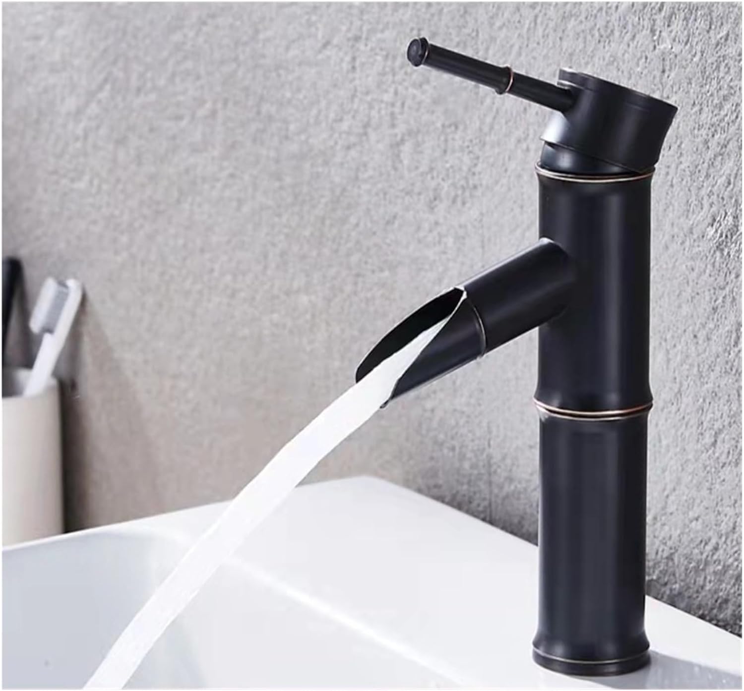 Bateria umywalkowa bambusowa, mieszacz wodospadowy, jednootworowy, woda ciepła i zimna, czarny (wysokość: 208 mm)