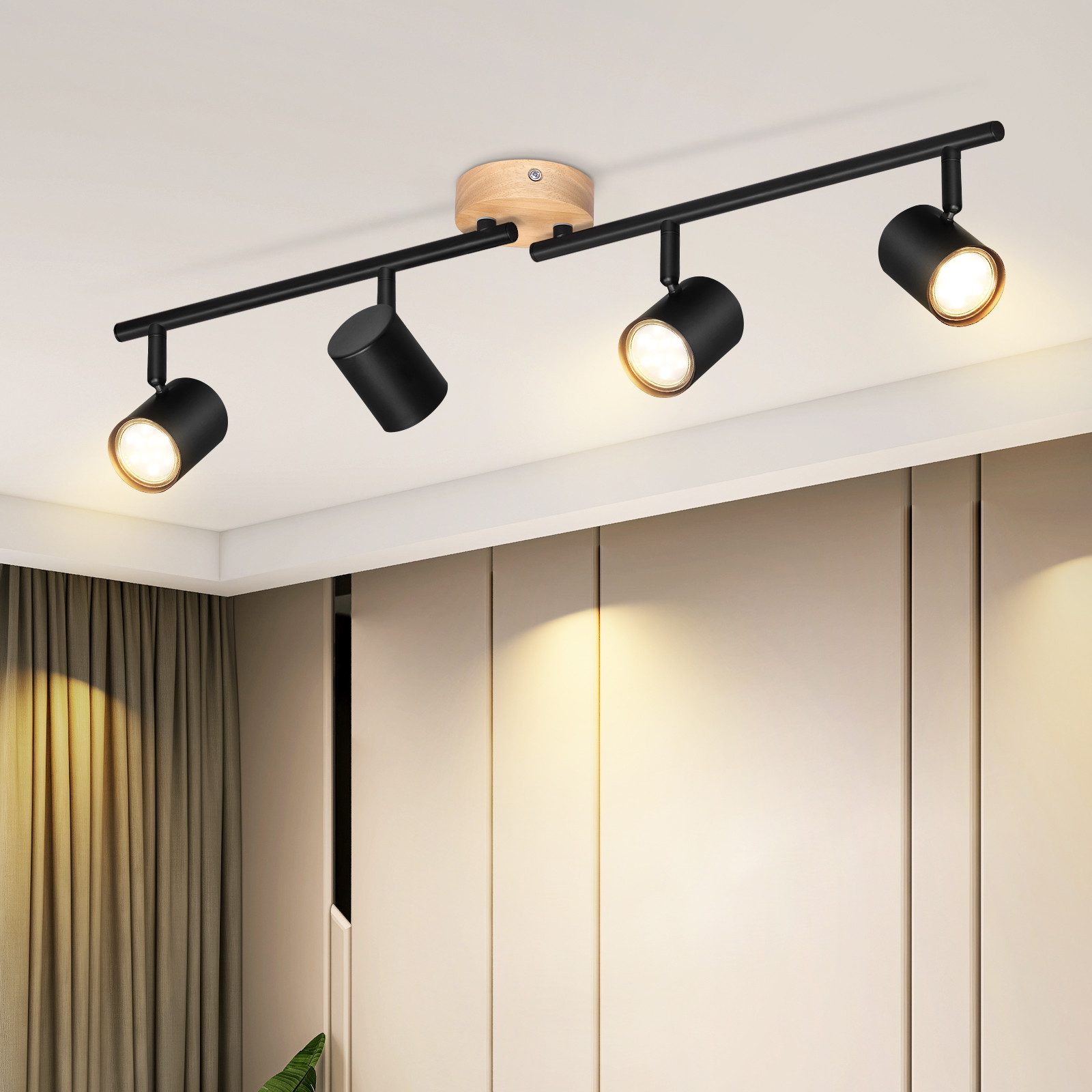 NETTLIFE 4-płomieniowa lampa sufitowa LED - czarna GU10 lampa sufitowa obrotowy Reflektorowa drewniany kinkiet do salonu sypialni bez żarówki