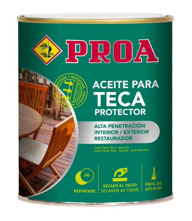 Aceite para Teca. PROA. Teca. 0.75L. Protección y nutrición para la madera. Renueva tus muebles de jardín. Color teca.
