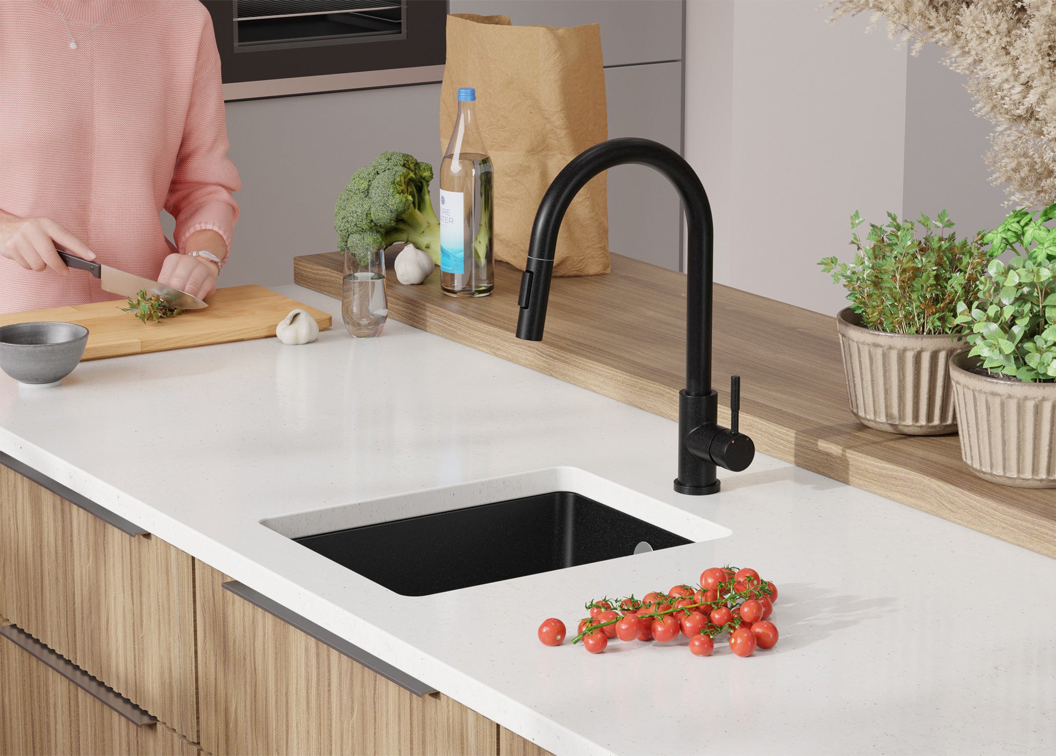 Lavandino sottotop Tutto Nero 36x44cm, Lavello in Granito a 1 vasca + Sifone Classico + Accessori, Lavabo da Cucina al mobile 40cm PRIMAGRAN - 9