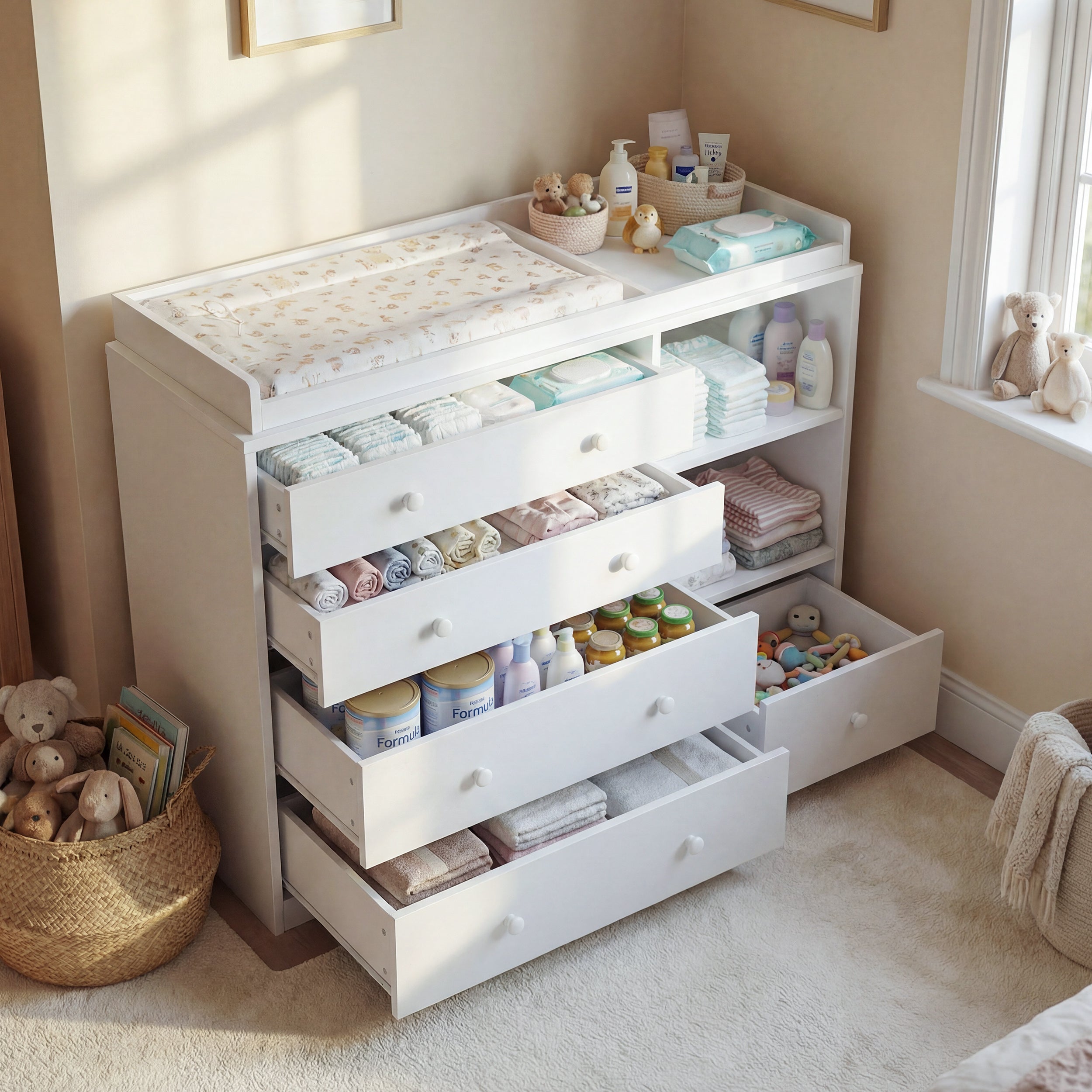 Meuble à Langer pour bébé,Table à langer,Commode,Compartiments ouverts,5 tiroirs et étagères,Chambre,Blanche,120x50x91.5cm - 7