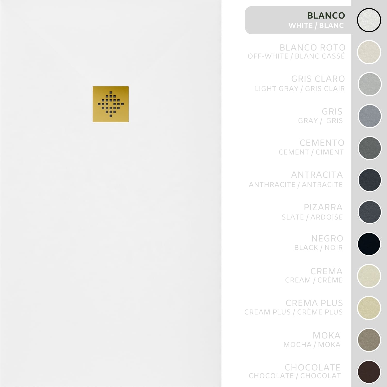 SOULHOME Brodzik prysznicowy– Żywica– Gel Coat– Gładka/Kamienna tekstura – Antypoślizgowy – biały – 110X75- Niski 3 cm– Ruszt Złoty