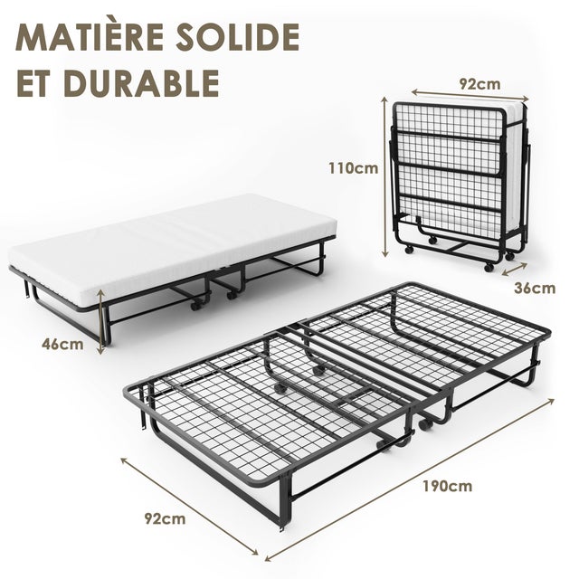 DEWINNER Lit Pliant 1 Personne 90x190 cm Avc Matelas en Mousse de 10cm, Charge 300 kg