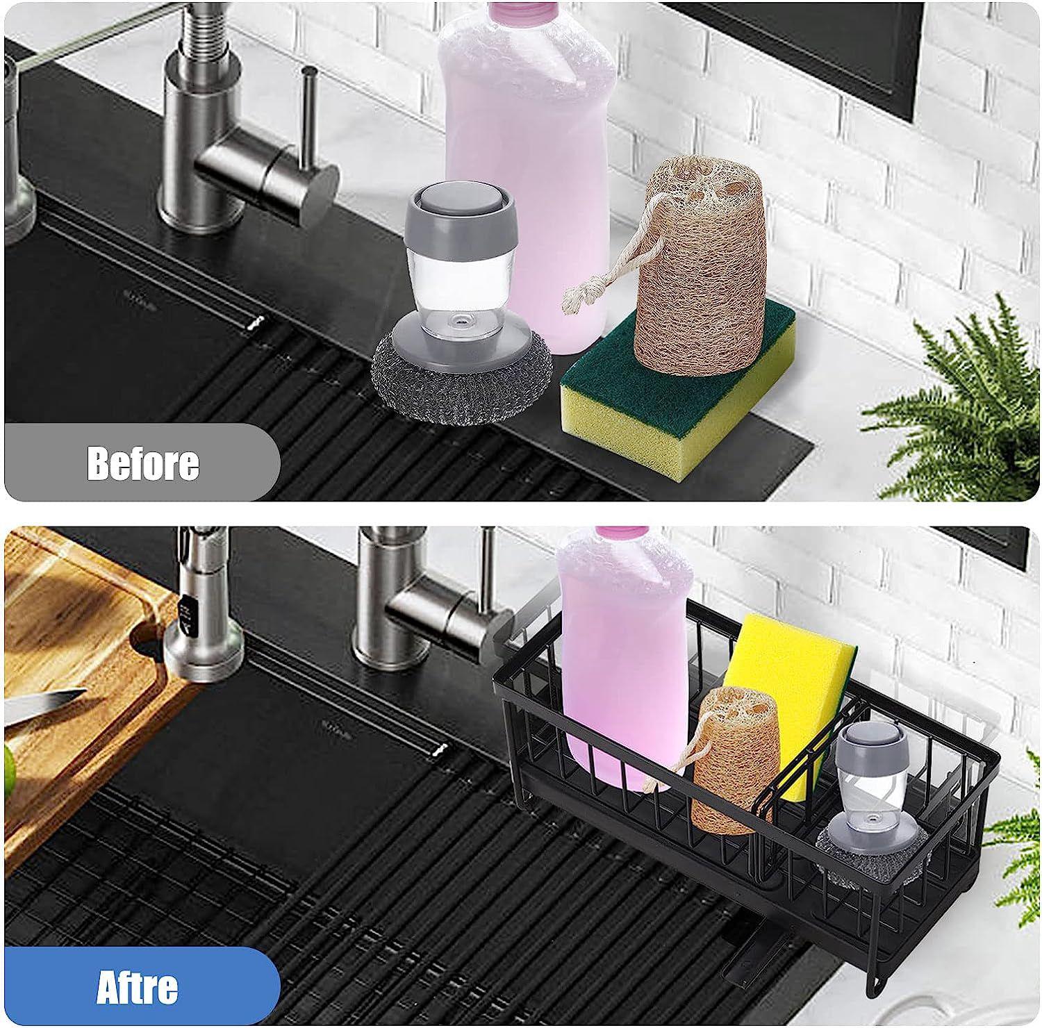 Support d'évier de cuisine, organisateur d'évier avec séparateur pivotant, distributeur de savon, porte-brosse noir - 6