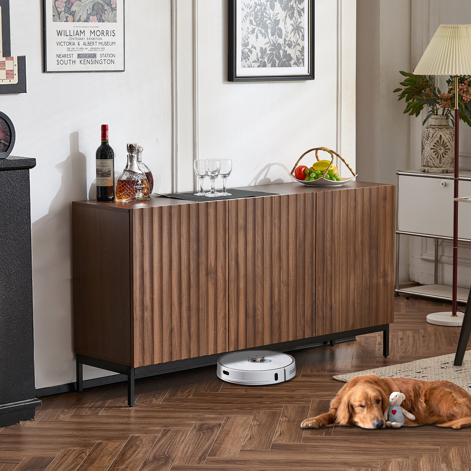 Meuble Mélamine Résistant Buffet Salle à Manger Skraut Wind - 120x40x86cm Blanc/Chêne 1 Porte 3 Tiroirs Mélamine Buffet 3 Tiroirs Blanc Chêne