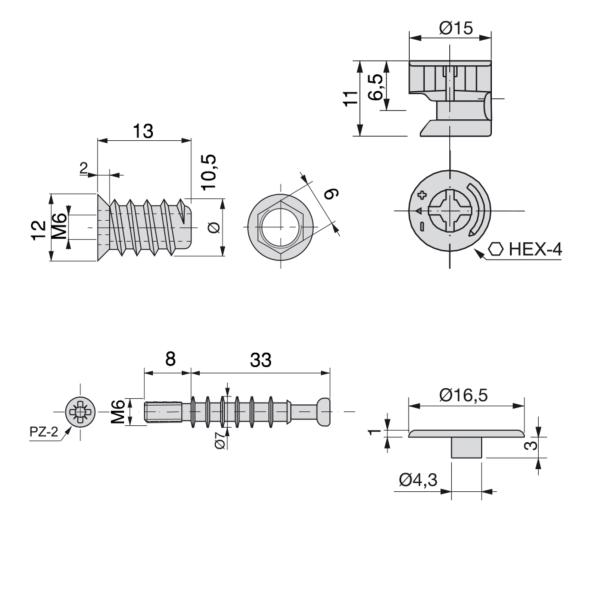 Emuca Excentrique + goujon et écrou M6, D. 15 mm, panneau 13 mm, Zamak et acier, Blanc, 20 ut.- - 2