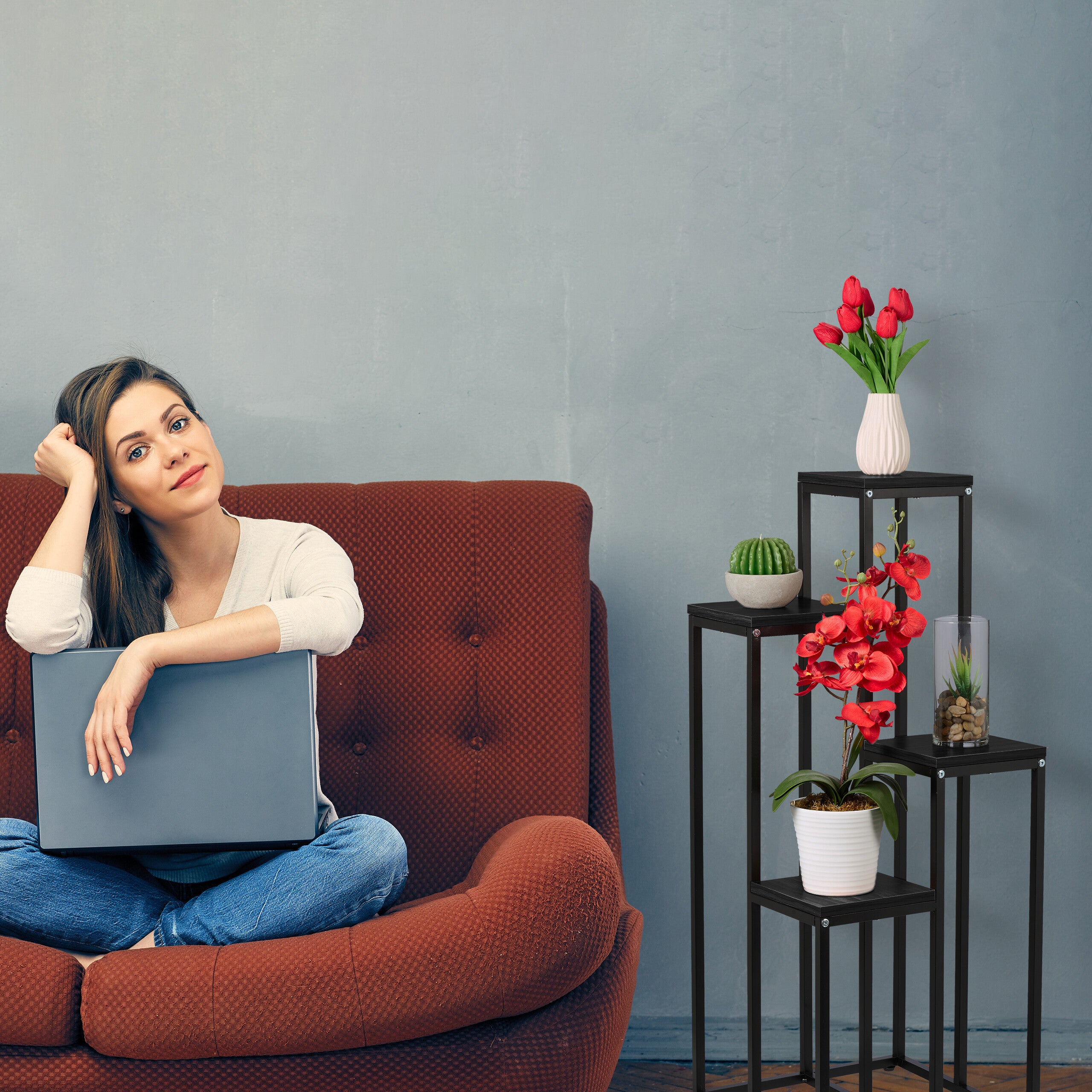 Étagère à plantes, 4 niveaux, HxLxP&nbsp;: 100x40x40&nbsp;cm, acier et MDF, escalier pour fleurs, noir, Relaxdays - 5