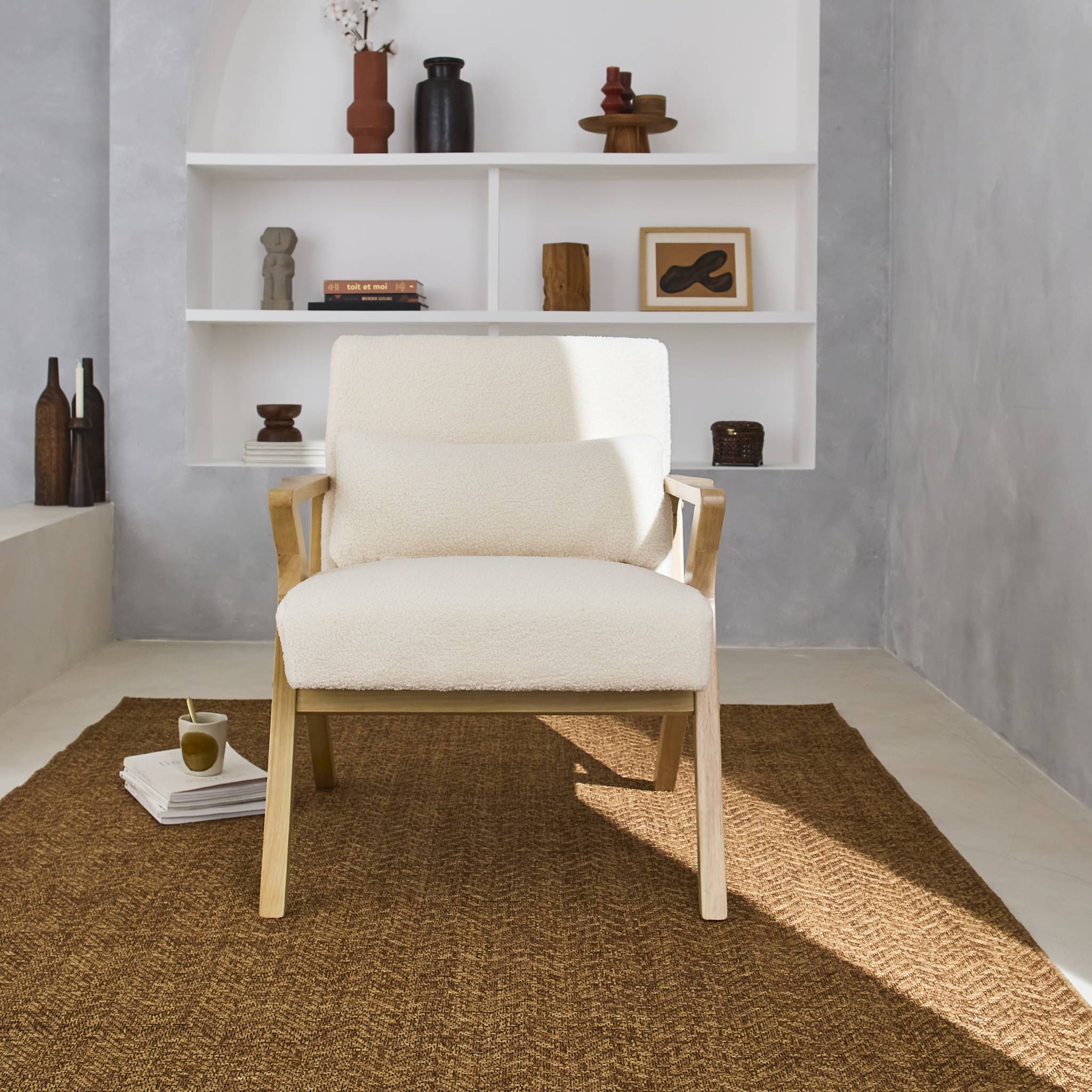 Fauteuil scandinave bois d'hévéa et bouclette crème ANTOINE ANTOINE - 3