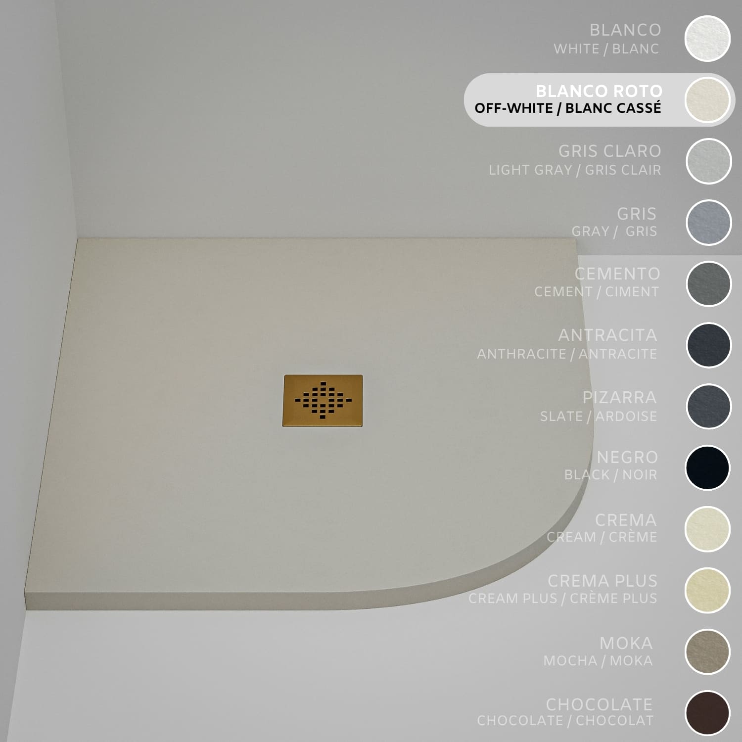 Brodzik półokrągły SOULHOME Żywica i Konglomerat Mineralny Antypoślizgowy 70x70 cm Brudna Biel - Kratka Gold