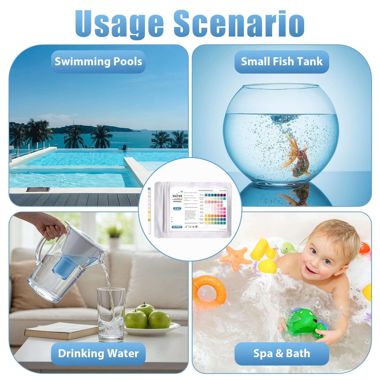 100 strisce reattive 9 in 1 per acqua, kit per test dell'acqua per acqua potabile -cloro libero, cloro totale, pH, durezza dell'acqua - 6