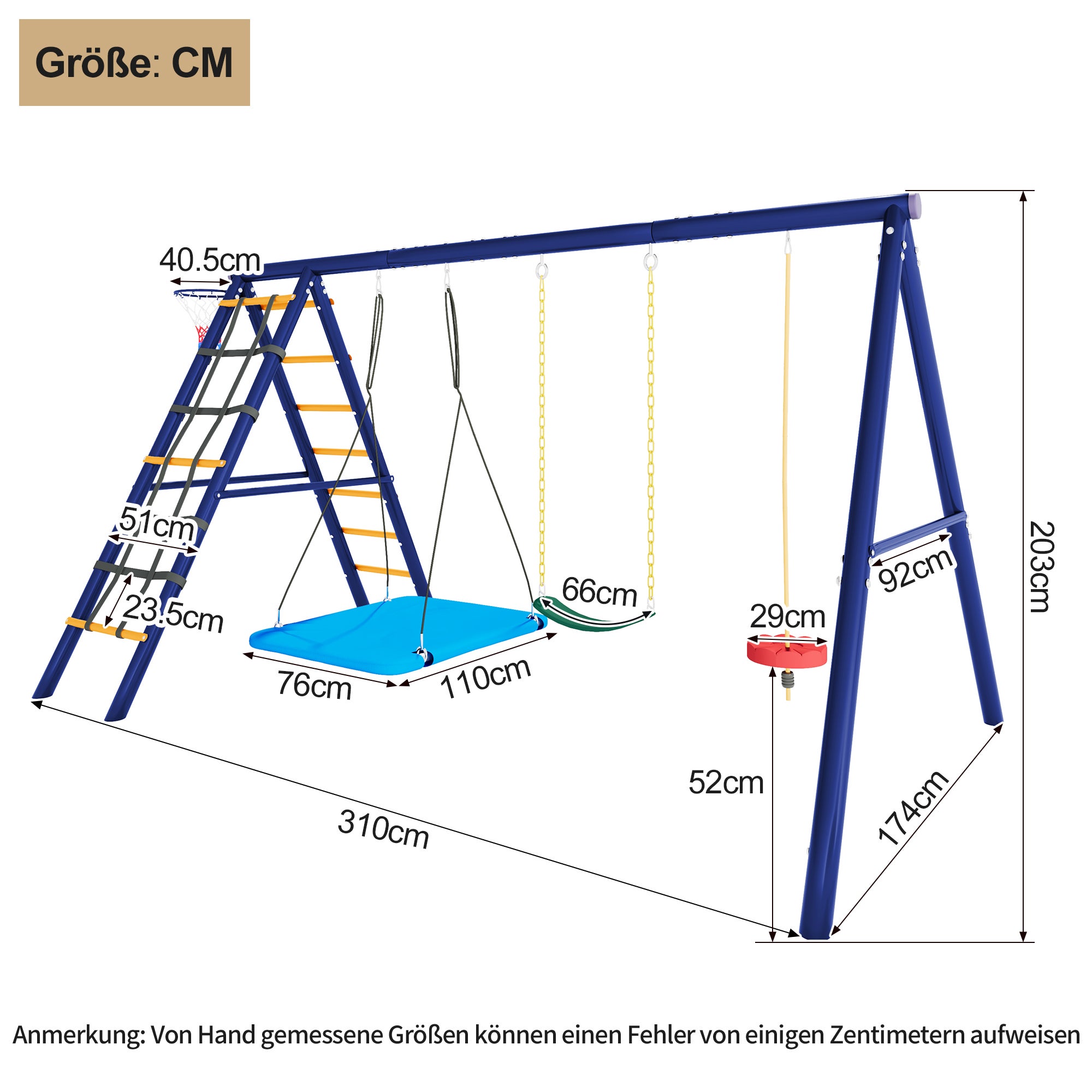 Aire de jeux Portique en acier avec 3 balançoires + portique + panier de basket - 10 x 174 x 203 cm - Bleu antique - 8