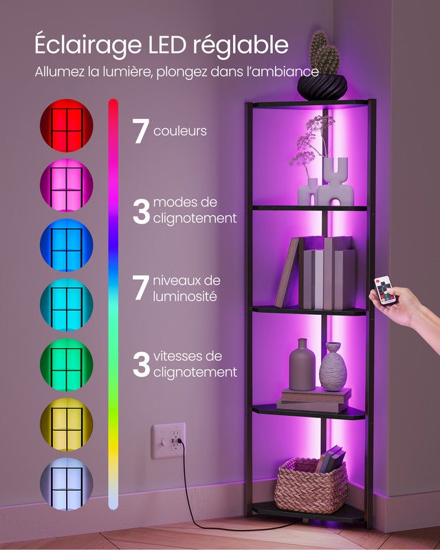 Étagère d'angle à 5 Niveaux, Bibliothèque avec Éclairage LED Réglable, Meuble de Rangement avec Cadre en Acier,pour Salon, Chambre, Noir Boisé - 3