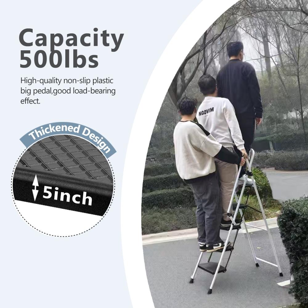 Escabeau pliant 5 marches acier blanc, pédales larges antidérapantes, poignée sécurité, portable 150 kg - 7