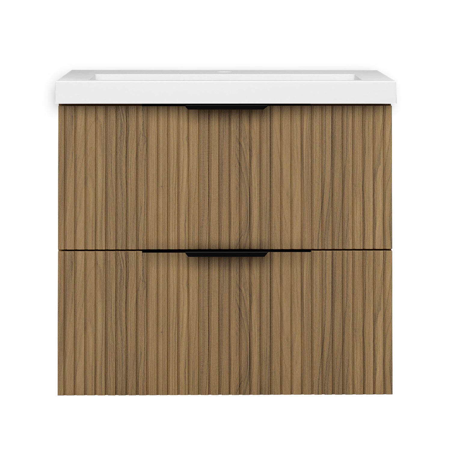 Meuble de Salle de Bain Suspendu Noyer Mat 60cm avec 2 Tiroirs Silencieux, Vasque Résine, Résistant à l'Humidité, Cannelé Design - 5