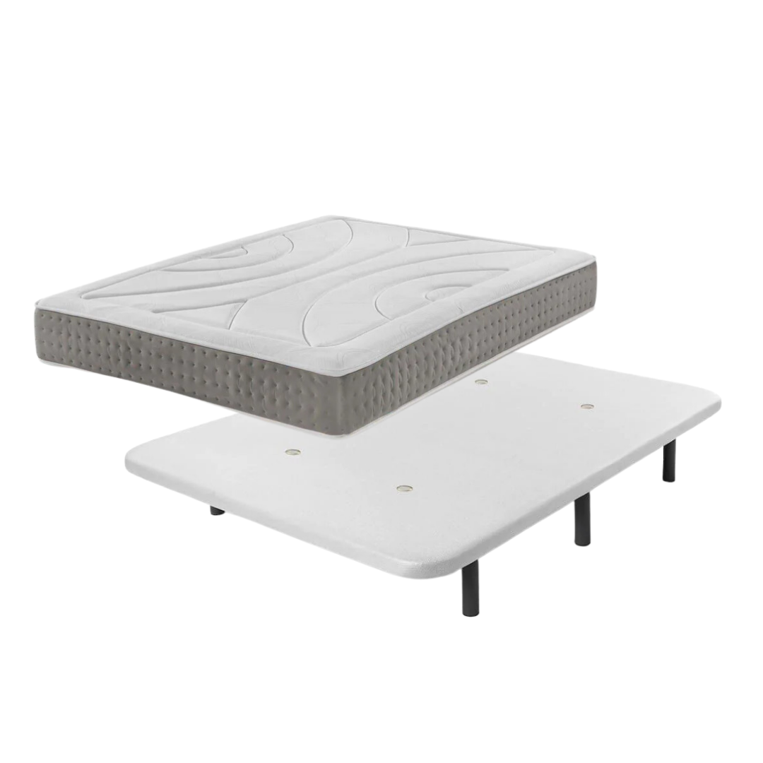Bezen pack de base tapizada   color blanco   + colchón viscoelásticos   150x200 cm   incluye montaje