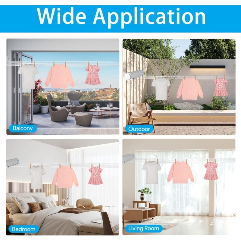 2 PCS Corde à linge rétractable, corde à linge portable murale extensible compacte, salcons ou terrasses usage intérieur ou extérieur,3.75 m(5 Fils) - 4