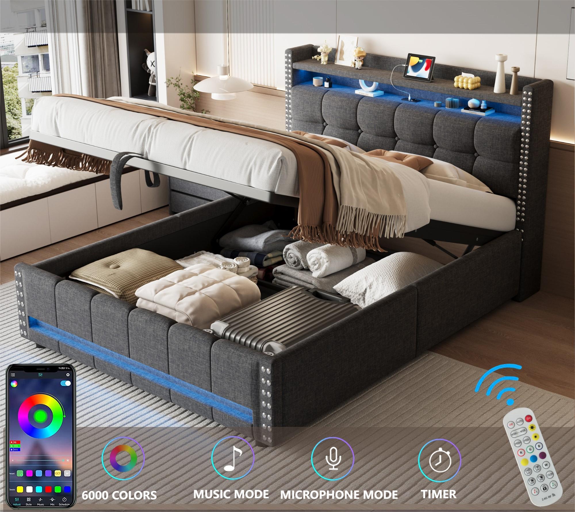 Cama con almacenaje de lino 140x200 cm - con LED y toma USB - con somier - Gris - 2