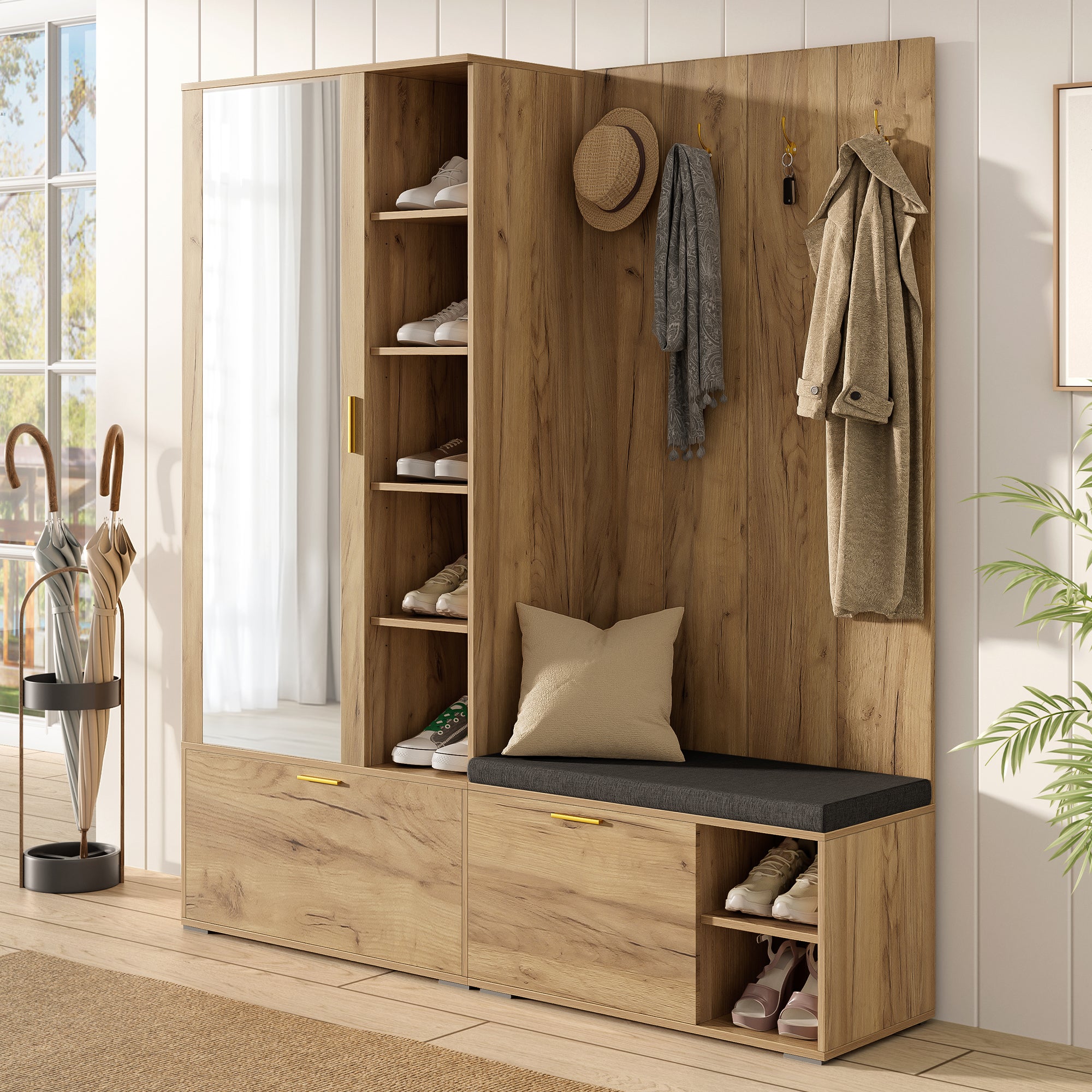 Set scarpiera con panca, specchio, 4 ganci, attaccapanni e 3 ante - 160 x 38 x 180 cm - Truciolare - Naturale - 3