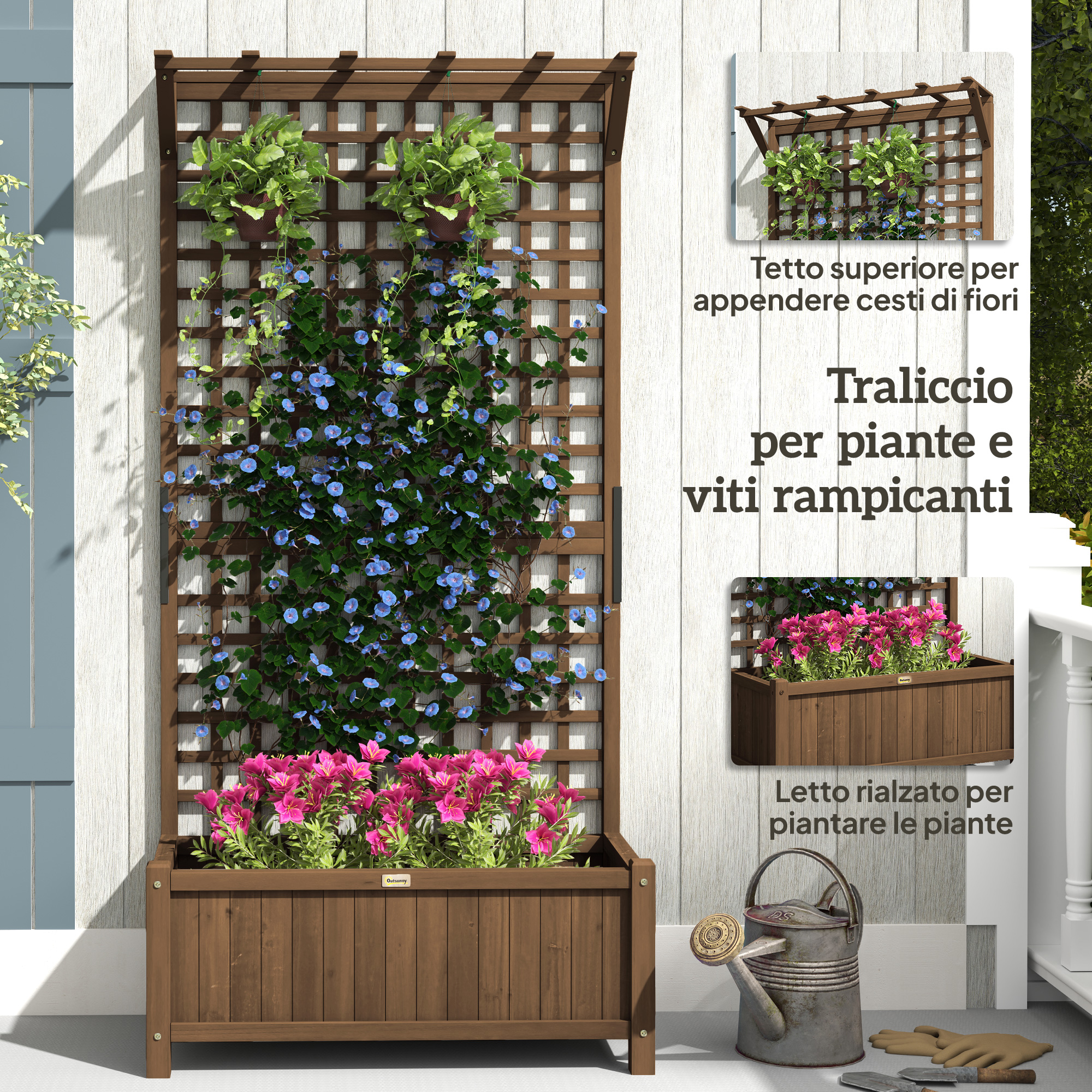 Outsunny Fioriera da Giardino con Traliccio per Piante Rampicanti in Legno di Abete, 90x45x183 cm, Marrone - 5