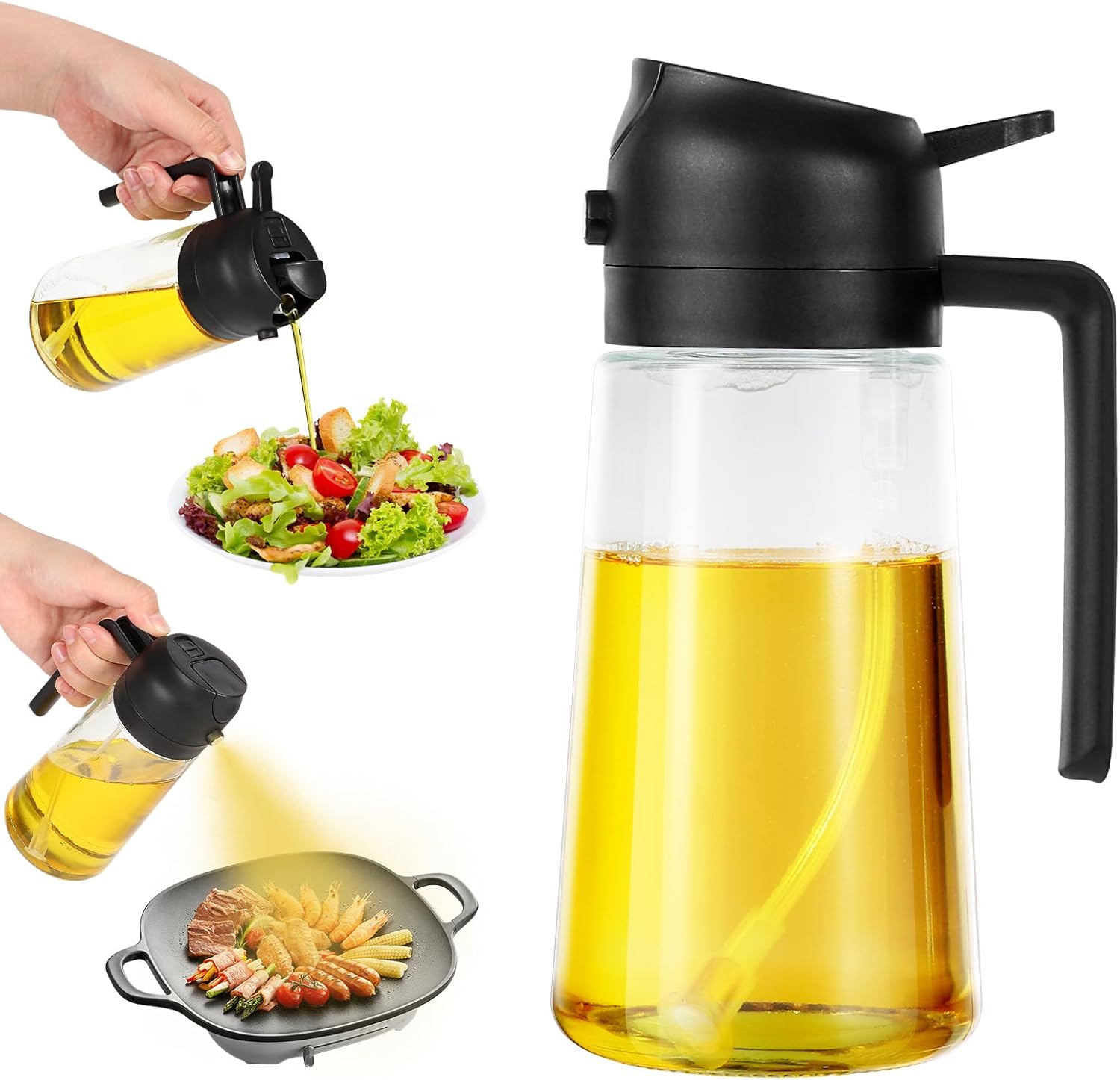 Dispenser Olio 2 In 1 In Vetro 470 Ml - Spruzzatore E Erogatore Per Olio D'Oliva, Aceto E Salse, Per Cucina E Griglia (Giallo, 2 Pezzi)