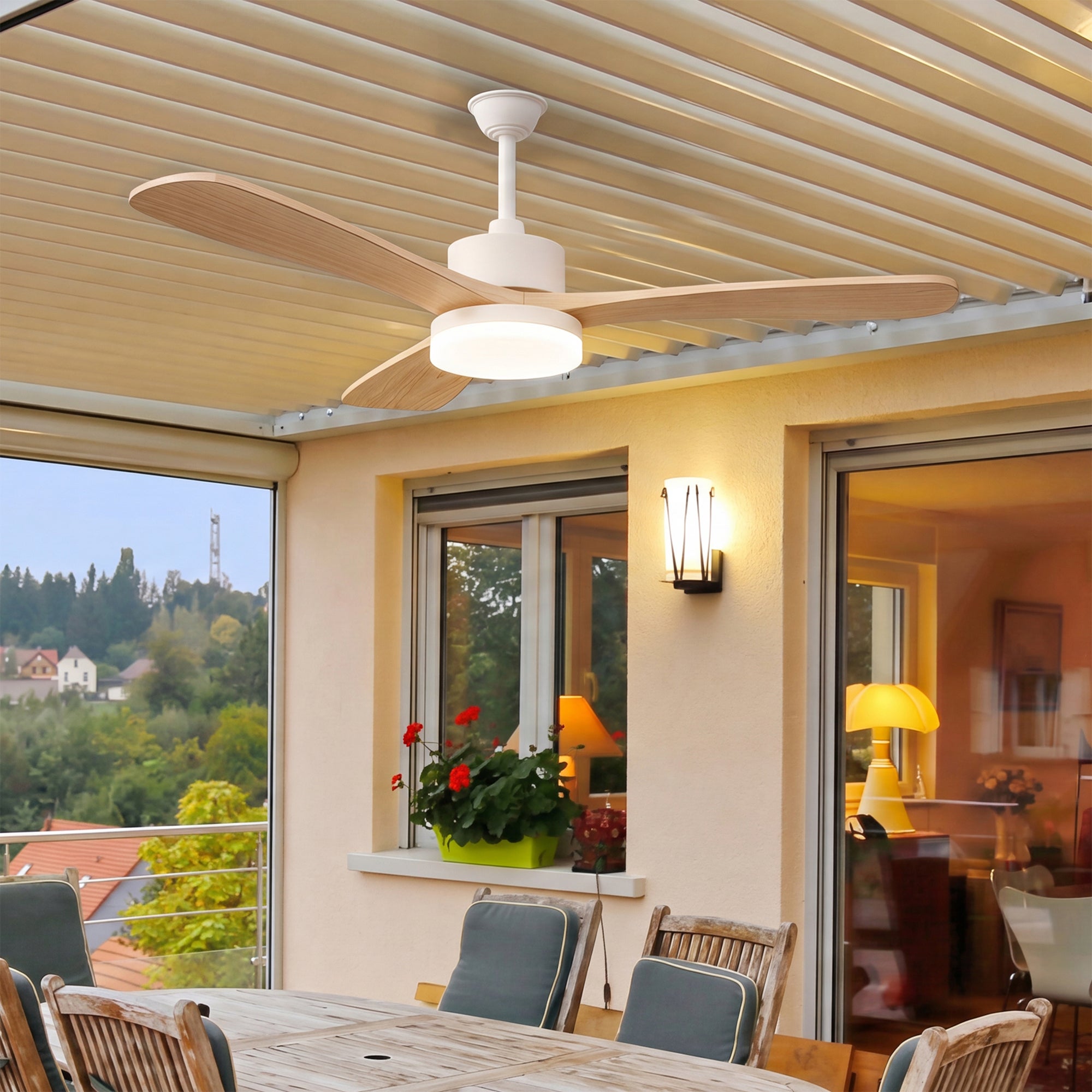 Ventilateur de plafond 2-en-1 couleur bois naturel avec éclairage LED (modèle à 3 pales de 42 pouces en bois massif), L106.6cm - 3