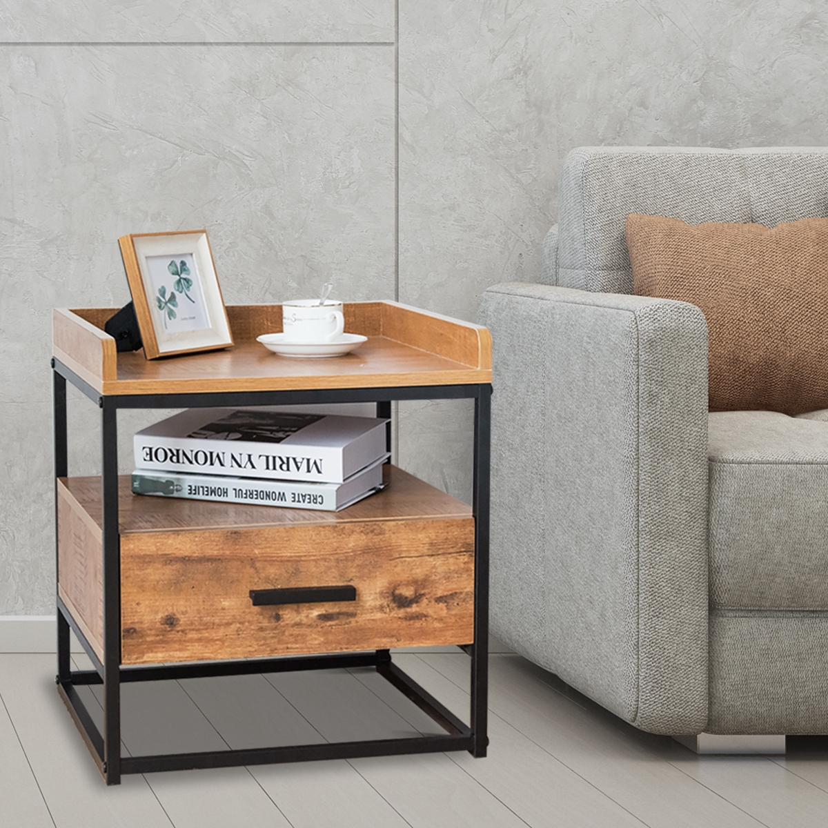 Essenza  Mesa Auxiliar Industrial 2 Niveles Con Cajón, Mesa Lateral Moderna Para Salón Y Oficina , Leroy Merlin