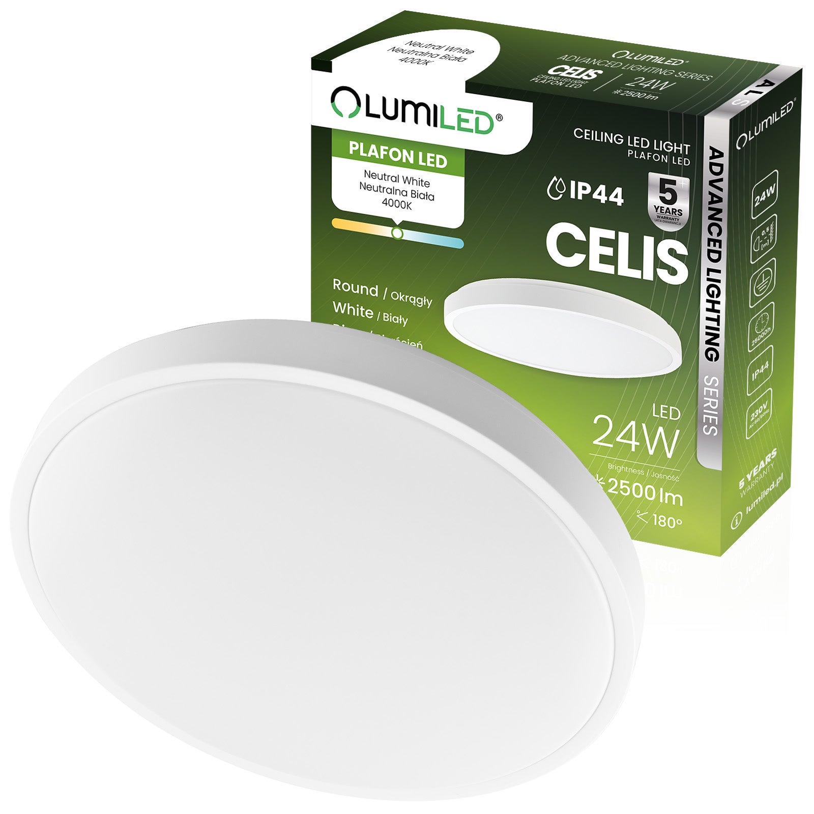 Plafon LED Lumiled Lampa Sufitowa Natynkowa 24W 4000K Neutralna biel Okrągły IP44 Biały 1 szt.