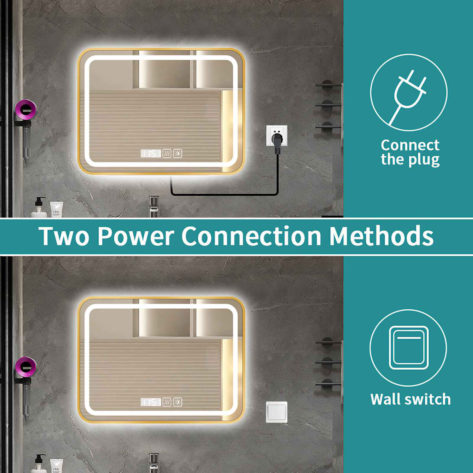 Espejo de baño LED anti-vaho inteligente 40*60, luz 3 colores regulable, doble alimentación. - 4