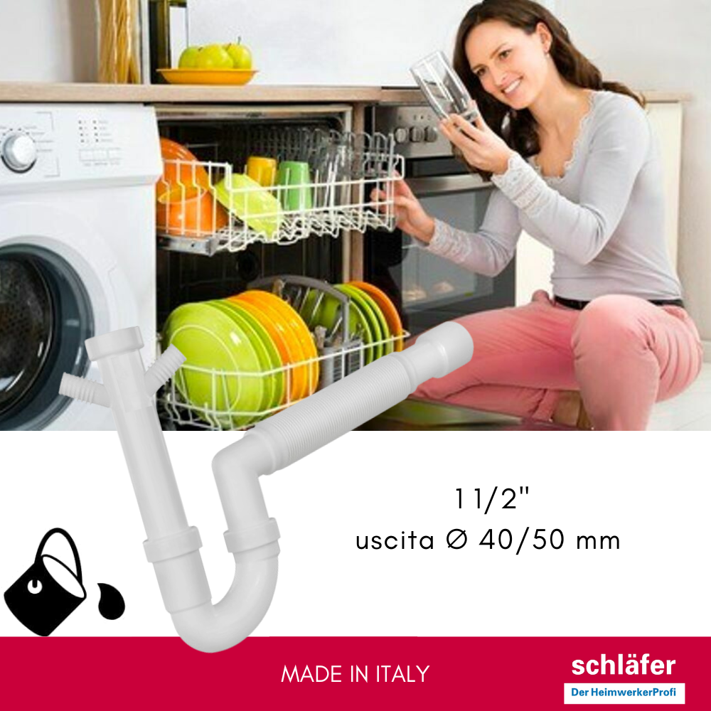 Schläfer 439305 | Sifón universal con conector de manguera 1'1/2, conexión doble para lavavajillas o lavadoras, conexión mural - 4
