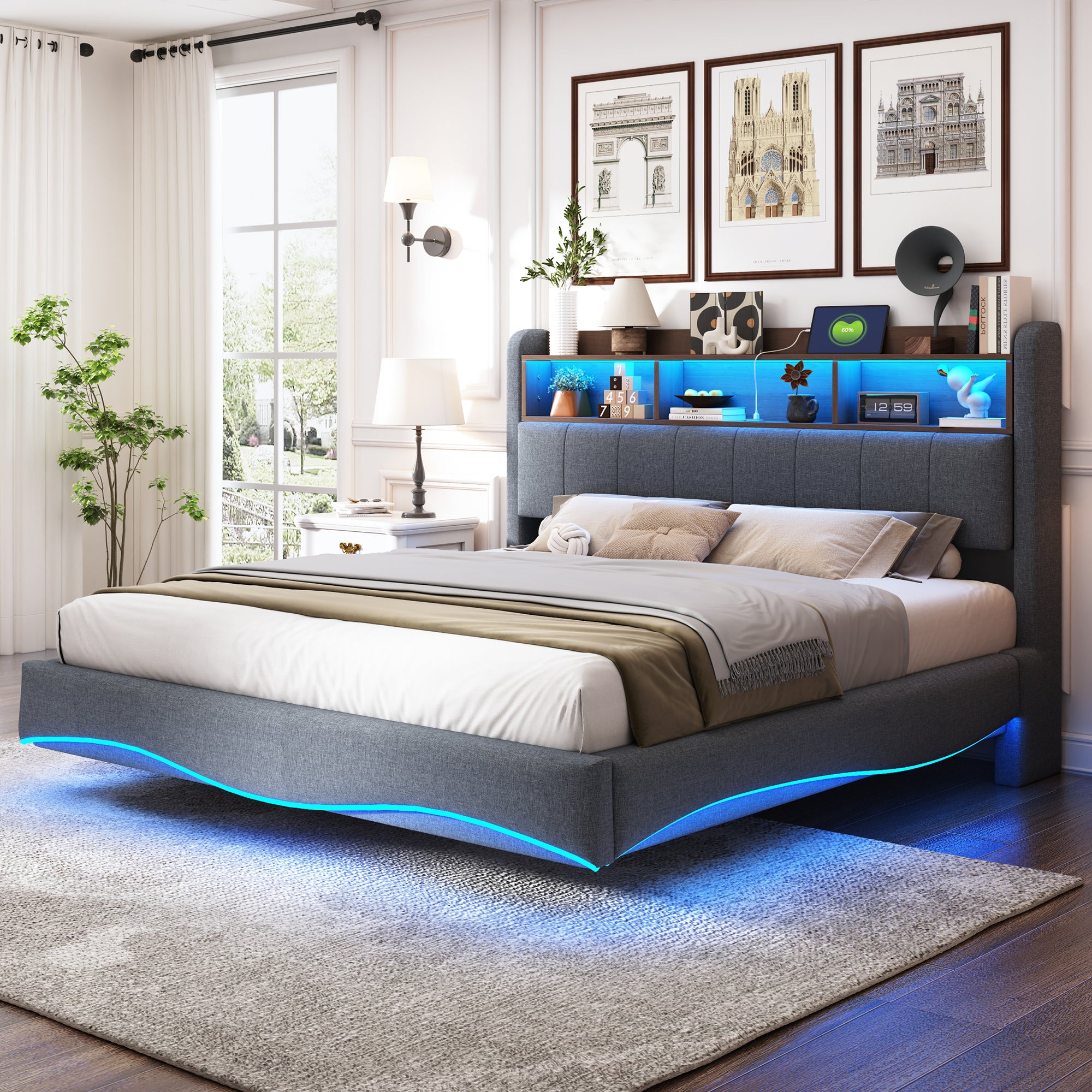 Łóżko tapicerowane 160 x 200 cm z zagłówkiem - LED, USB i TYPE-C - Tkanina lniana - Stelaż z listew - Szary
