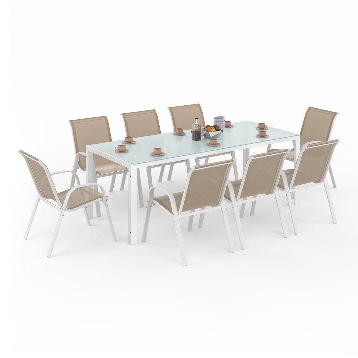 Salon de jardin MADRID table 190 cm et 8 chaises empilables blanc et beige - 2