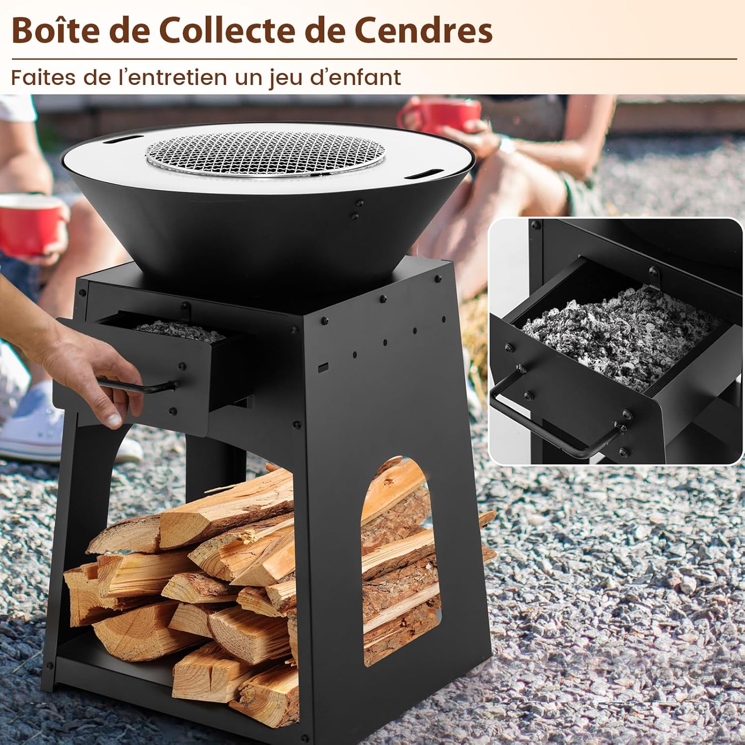 Braciere da Giardino, Braciere da Esterno con Bistecchiera, Griglia, Attizzatoio e Guanti, Diametro: 60 cm, in Acciaio inossidabile, per Campe - 6