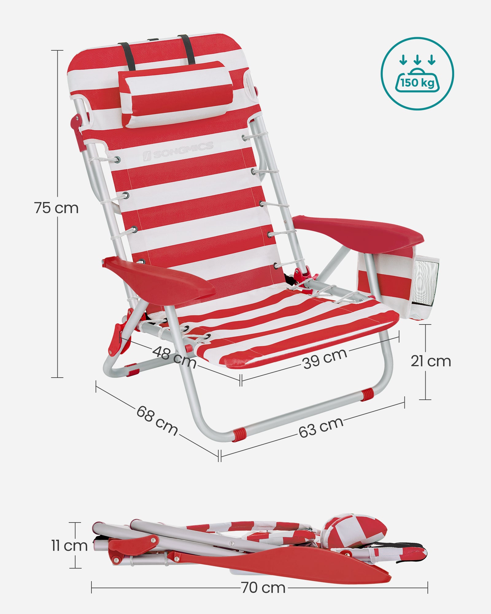 Chaise de Plage, Chaise Camping Pliante, avec Bandoulière, Dossier Réglable, Appui-tête, Accoudoir, 2 Pochettes Latérales, Rouge et Blanc - 4