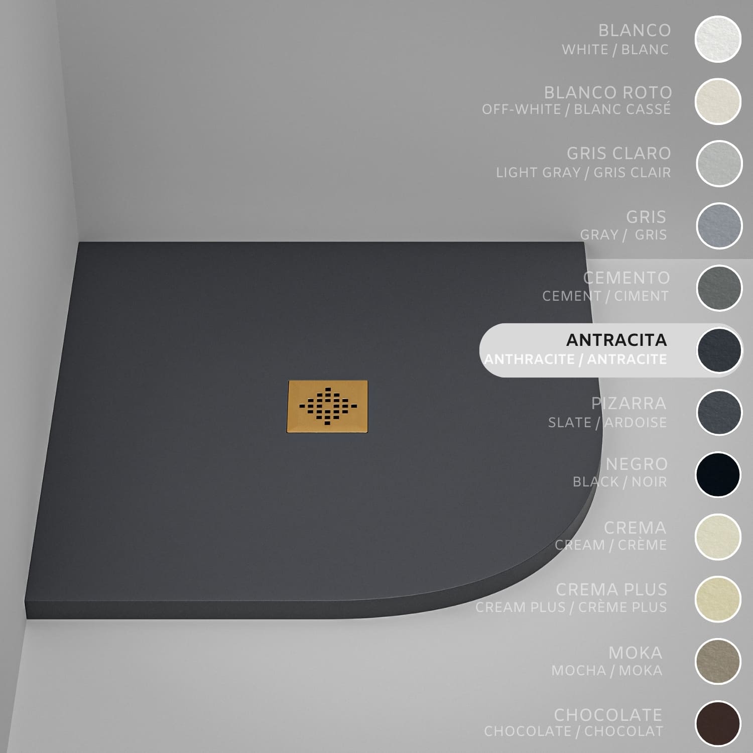 Brodzik półokrągły SOULHOME Żywica i Konglomerat Mineralny Antypoślizgowy 70x70 cm Antracyt - Kratka Gold