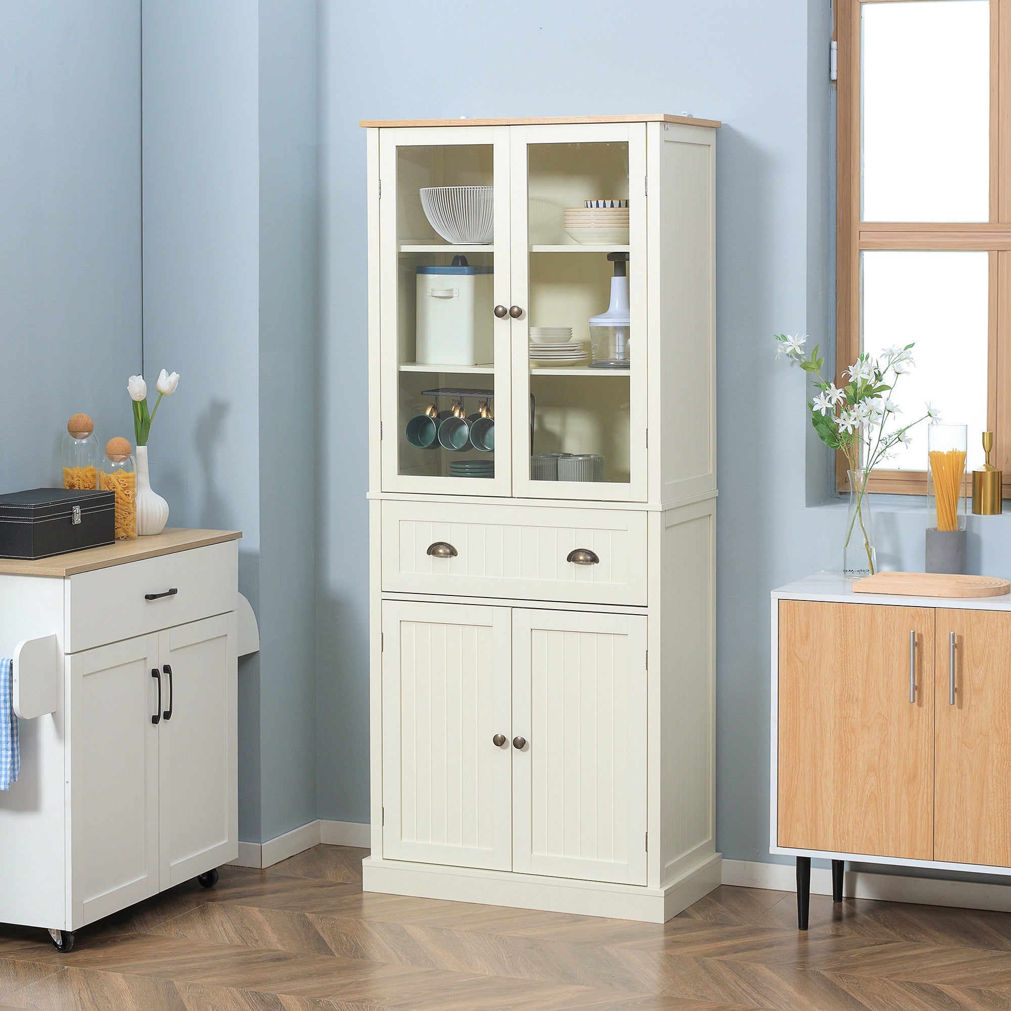 Alacena de cocina con 2 puertas de vidrio HOMCOM 76x40x182,5 cm crema - 2