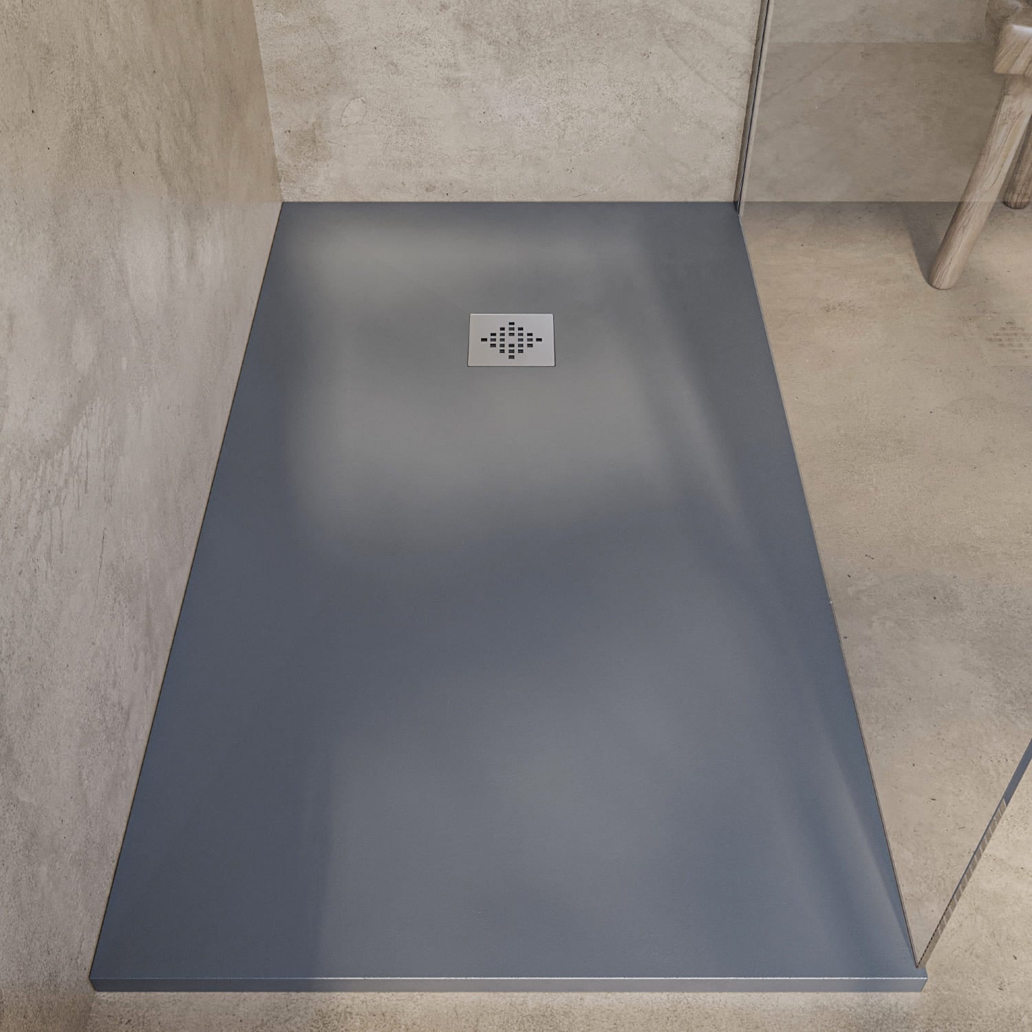 SOULHOME Brodzik prysznicowy– Żywica– Gel Coat– Gładka/Kamienna tekstura – Antypoślizgowy – Kolor cementowoszary – 160x90- Niski 3 cm– Standard - 4